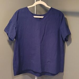 Navy Blue Linen Short Sleeve Top